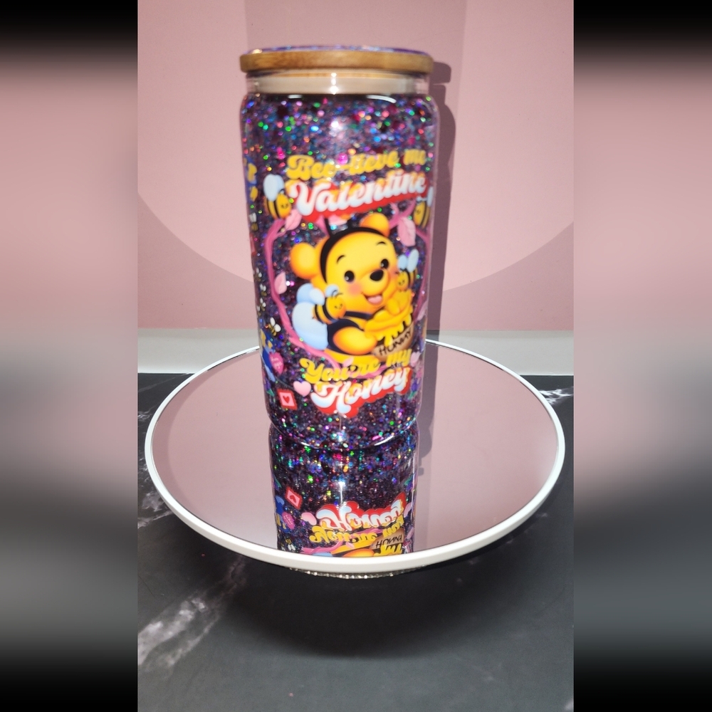 Valentine's Winnie the Pooh Believe Me You're My Honey 16oz with glitter lid.